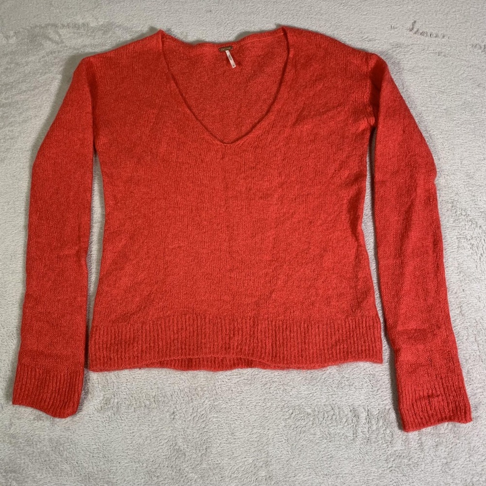 Free People Sweater Womens Medium Red V Neck Alpaca Wool Blend Knit Pullover